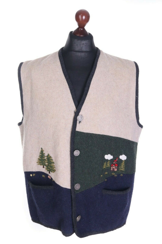 Men's MEICO LANDHAUS LOOK Vintage Austrian Ivory Wool Embroidered Vest Size XL