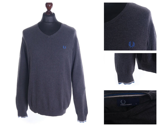 Men's FRED PERRY Grey 100% Cotton V-Neck Sweater Size L
