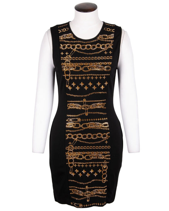 VERSUS VERSACE Dress Gold Rhinestones Chain Black Geometric Sleeveless Size 44