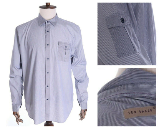 Men's TED BAKER Navy Blue Striped 100% Cotton Slim Fit LS Shirt Size 6