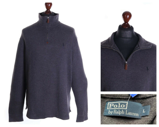Men's POLO RALPH LAUREN Grey 100% Cotton Zip Neck Jumper Size L