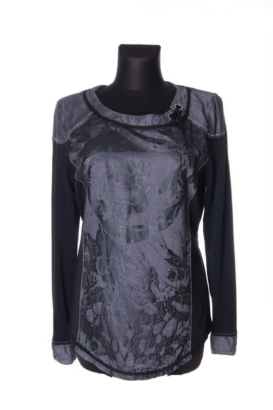 Women's ELISA CAVALETTI Black Grey Decorated Cotton Stretch Top Blouse Size M