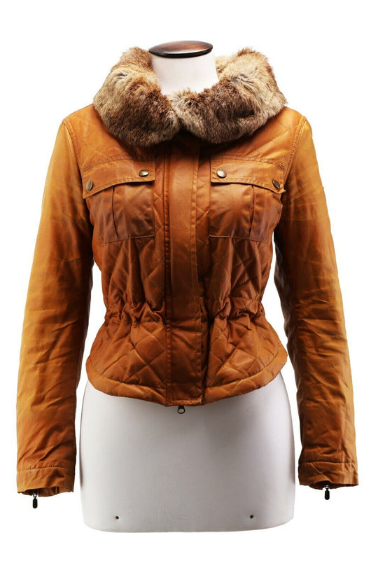 Women's BELSTAFF Gold Brown Short Quilted Waxed Fur Trimmed Jacket Size 42