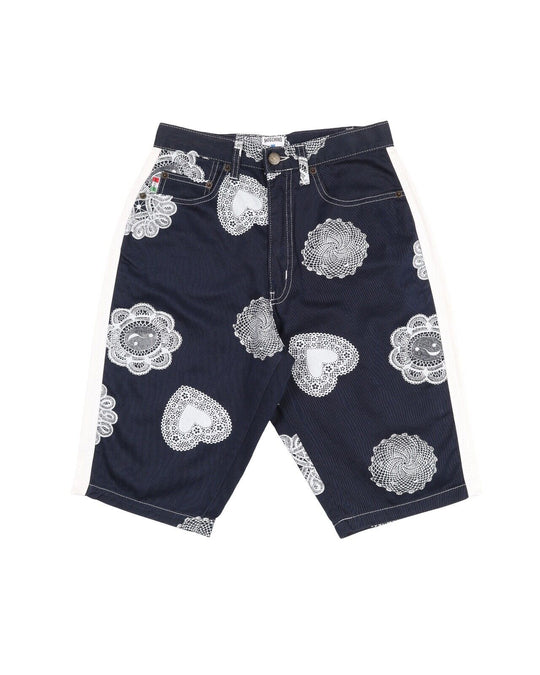 MOSCHINO Jeans Mom Shorts Navy Denim Cotton Women's Leather Peace Logo Size 30