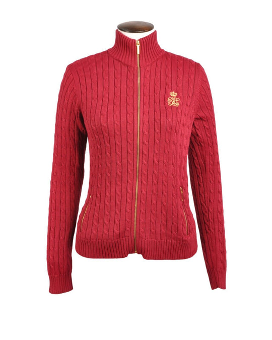 RALPH LAUREN Crest Sweater Bordo Gold Cable Knit Womens Full Zip Cardigan Medium