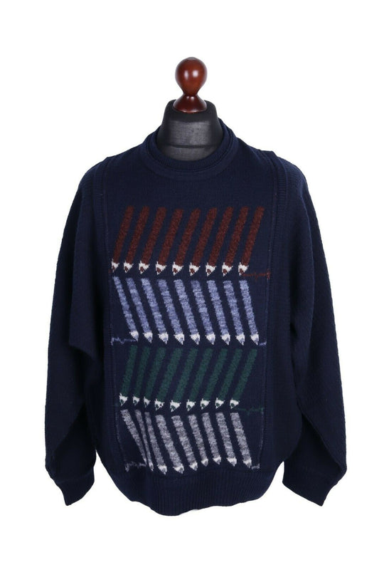 Men's CARLO COLUCCI Navy Wool / Acrylic Patterned C-Neck Jumper Size 52