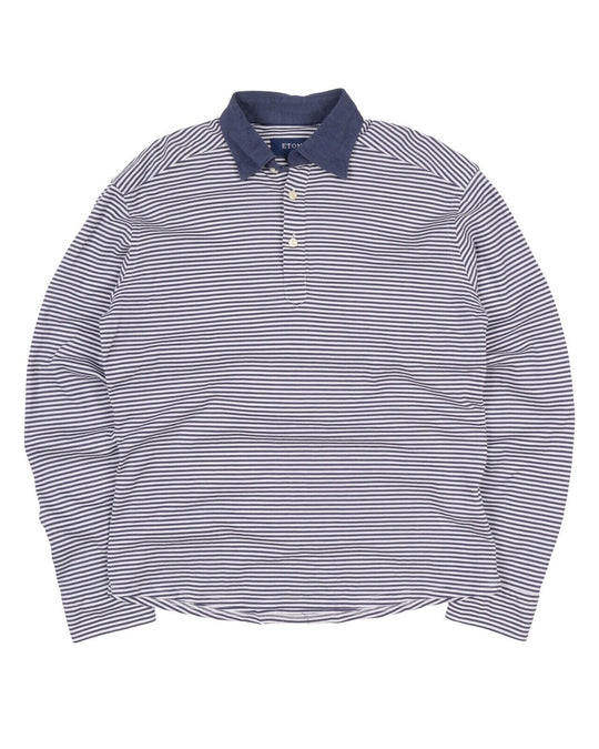 Men's ETON Navy Blue Striped Pique Cotton Longsleeve Polo Shirt Size M