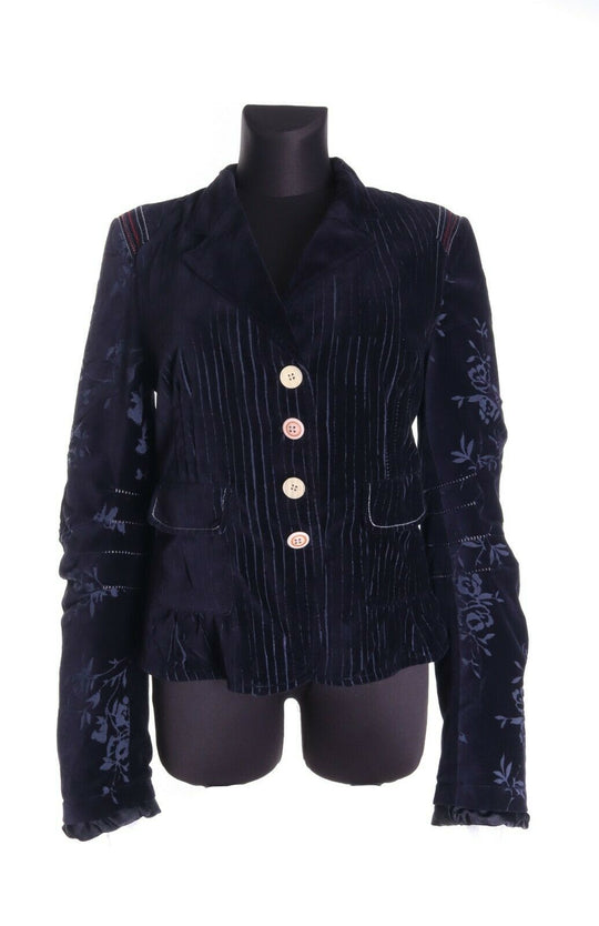 Women's MARITHE FRANCOIS GIRBAUD Black Velvet Floral Striped Blazer Jacket Sz 46