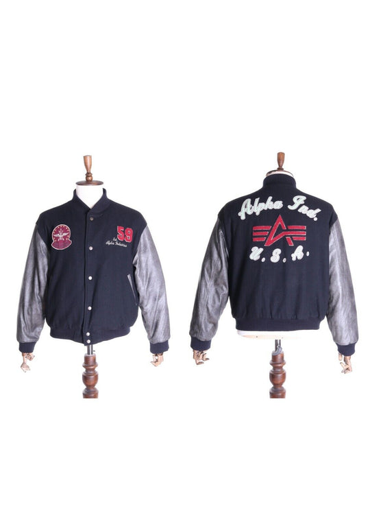 Vintage Men's ALPHA INDUSTRIES Black Wool/Leather Bomber Varsity Jacket Size L
