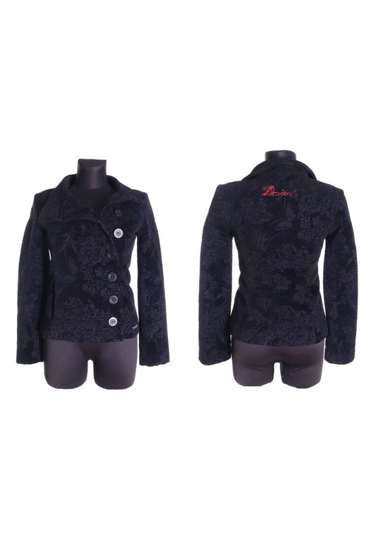 Women's DESIGUAL Black 100% Cotton Embroidered Floral Short Jacket Size 36