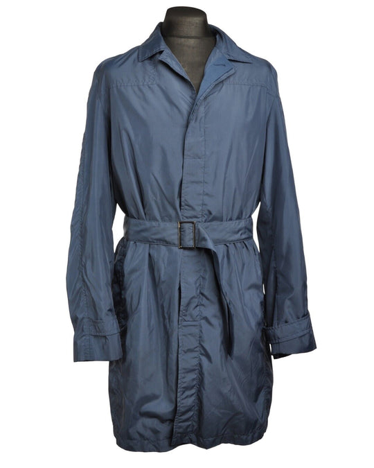 HUGO BOSS Mono Trench Coat Navy Blue Notched Lapel Mens Belted Jacket Size 50