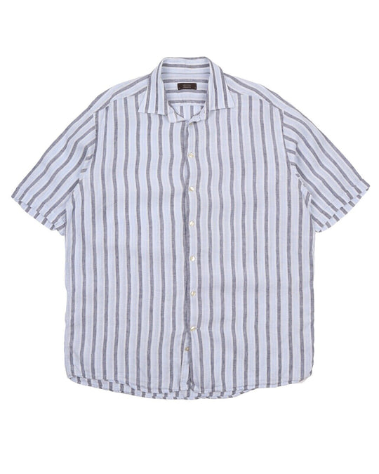 Men's ETON Blue Striped Linen Short Sleeve Shirt Size 17.5 / 44