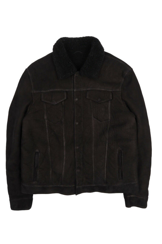 Men's ALLSAINTS Black Shearling Leather Sherpa Trucker Sheepskin Jacket Size XL