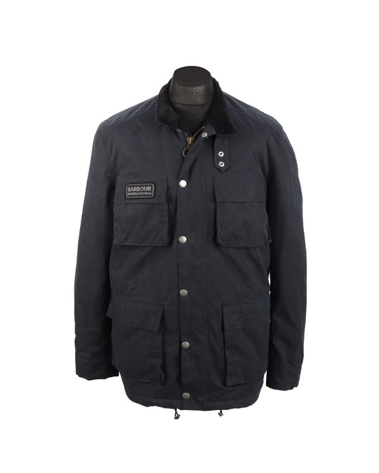 Men's BARBOUR International Sleeve McQueen Navy Blue Trophy Wax Jacket Size XL