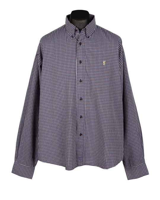 YVES SAINT LAURENT Shirt Navy Orange Check Cotton Men's Button Up Size XL