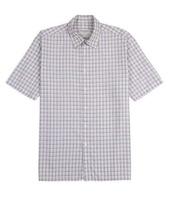 YVES SAINT LAURENT Shirt White Blue Check Cotton Men's Short Sleeve Size L
