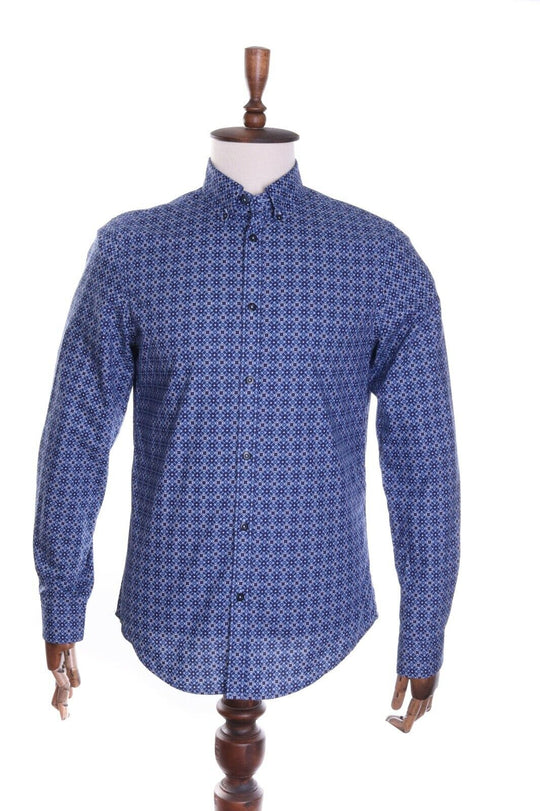 BEN SHERMAN Navy Blue Geometric Pattern 100% Cotton LS Shirt Size M