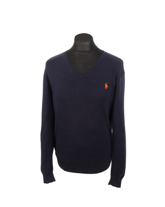 POLO By RALPH LAUREN Navy Blue Pima Cotton Men's V Neck Slim Fit Jumper Size L