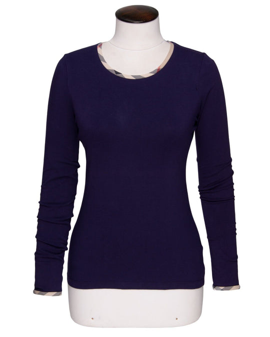 BURBERRY London Sweater Purple Cotton Women's Nova Check Trim Top Size S