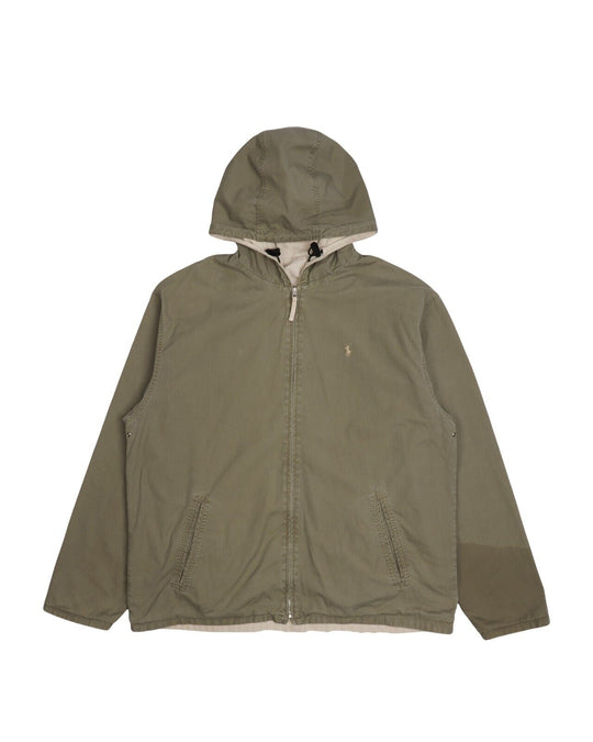 Vintage POLO RALPH LAUREN Hooded Reversible Jacket Gray Beige Cotton Mens Size L