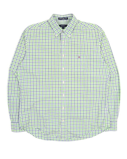 Men's GANT Green Blue Gingham Check Bel Air Heather Poplin Cotton Shirt Size L