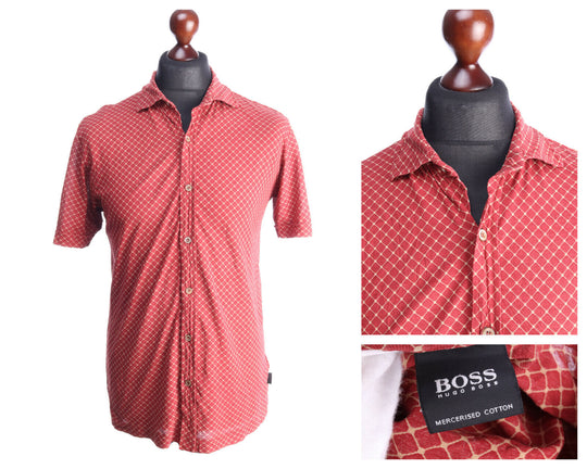 HUGO BOSS Red Mercerised Cotton Graphic Print Short Sleeve Shirt Size M