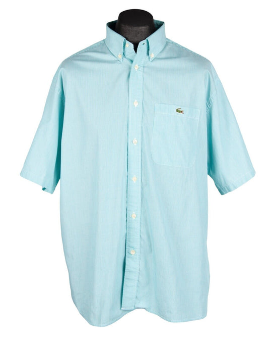 Vintage LACOSTE Shirt Blue Turquoise Striped Cotton Mens Short Sleeve Size 44