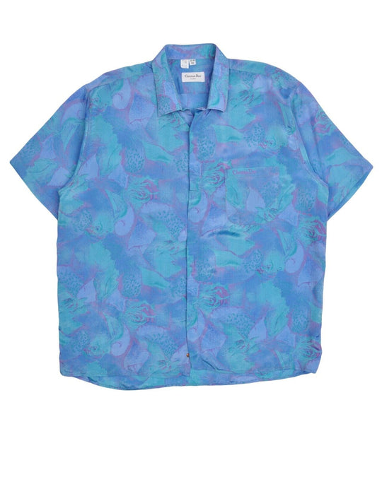 Vintage CHRISTIAN DIOR Paris Shirt Blue Multicolor Silk Men's Button Up Size XXL
