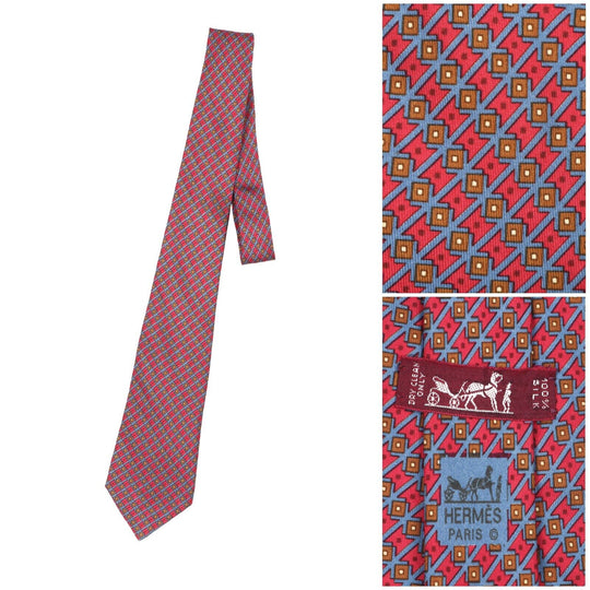 HERMES Paris Tie Blue Red Geometrical Print Silk Men's Woven Necktie