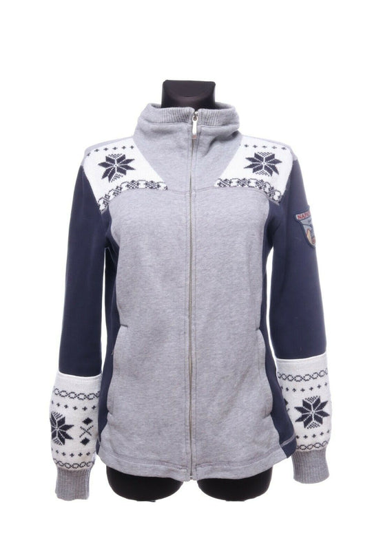 Women's NAPAPIJRI Grey Cotton Blend Full Zip Nordic Ikat Sweater Jumper Size L