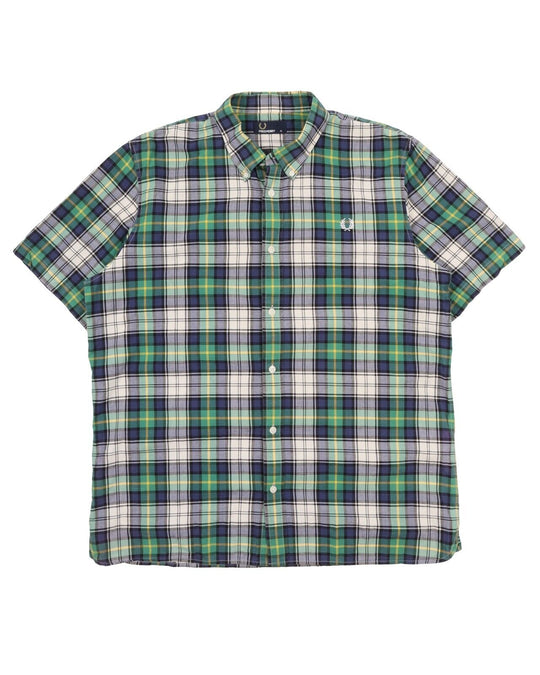 Men's FRED PERRY Blue Green Check Cotton Short Sleeve Shirt Size XL