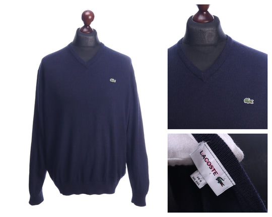 LACOSTE Dark Blue Acrylic Wool V-Neck Jumper Sweater Size 3XL