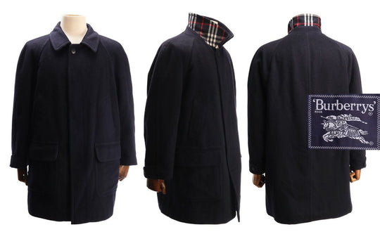 Men's Vintage BURBERRYS Nova Check Collar Navy Wool Short Coat Size 40 / 50