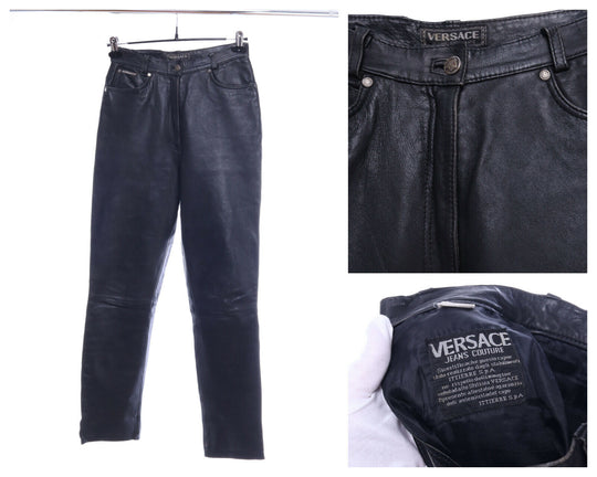 Vintage VERSACE JEANS COUTURE Black Leather Pants Size W 27 L 29