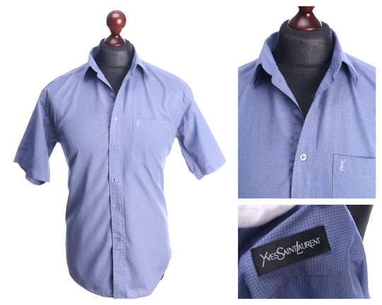 YVES SAINT LAURENT Blue Check SS Shirt Size 16 / 32-33