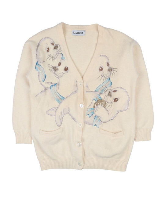 Vintage 1991 ICEBERG Cardigan Beige Angora Wool Womens Embroidered Seals Size 42