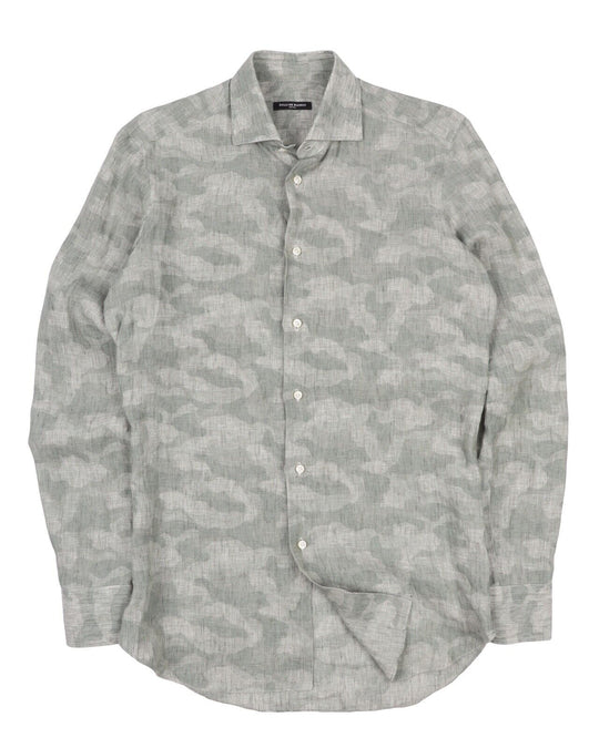 Men's DULLI DE NAISSUS Napoli Light Gray Camo 100% Linen Bespoke Shirt Size ~ M