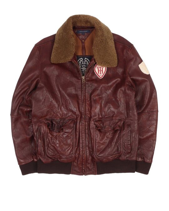 Men's TOMMY HILFIGER Brown Leather Aviator Flight Collared Bomber Jacket Size L