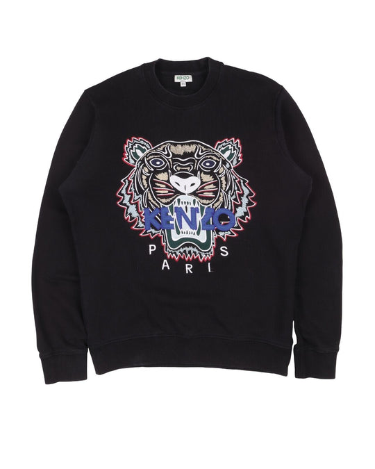 KENZO Knit Sweater Black Embroidered Tiger Logo Men's Crew Neck Jumper Size XS