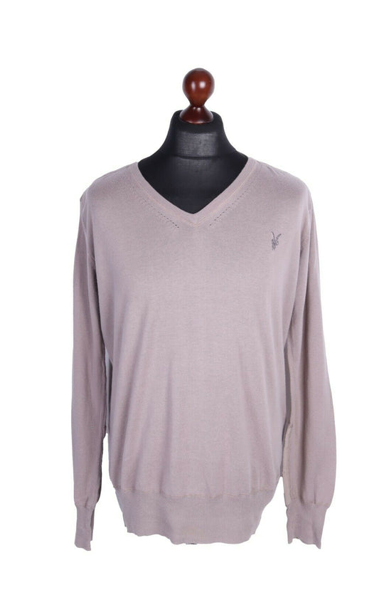 Men's ALL SAINTS Grey 100% Cotton V-Neck Jumper Size L