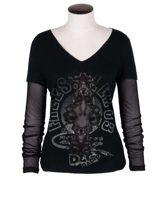 DOLCE & GABBANA Freestyler Top Black Velour Women's Y2k Mesh Sleeves Size 30/44