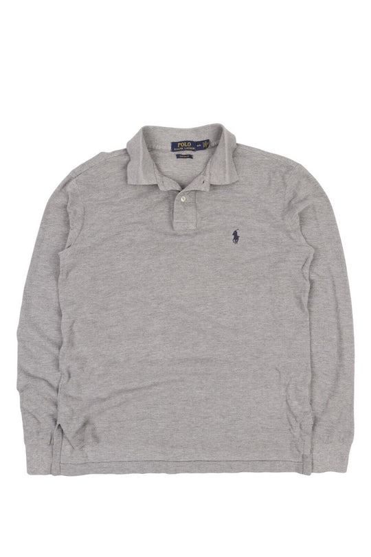 Men's Polo RALPH LAUREN Grey Pique Cotton Long Sleeve Polo Shirt Size M