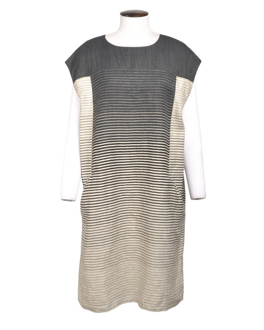 ANNETTE GORTZ Shift Dress Gray White Stripe Linen Mix Round Neck Womens Size 42