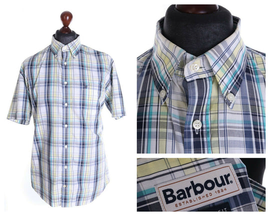 Men's BARBOUR 100% Cotton Check Cleeve Acid Yellow Short Sleeve Shirt Size L Reg