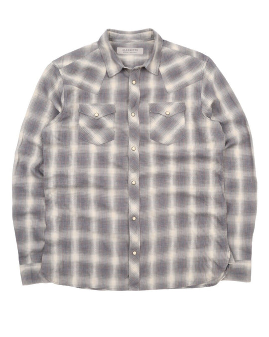 Men's ALL SAINTS Gray Check  Snap Serape LS Shirt Size M