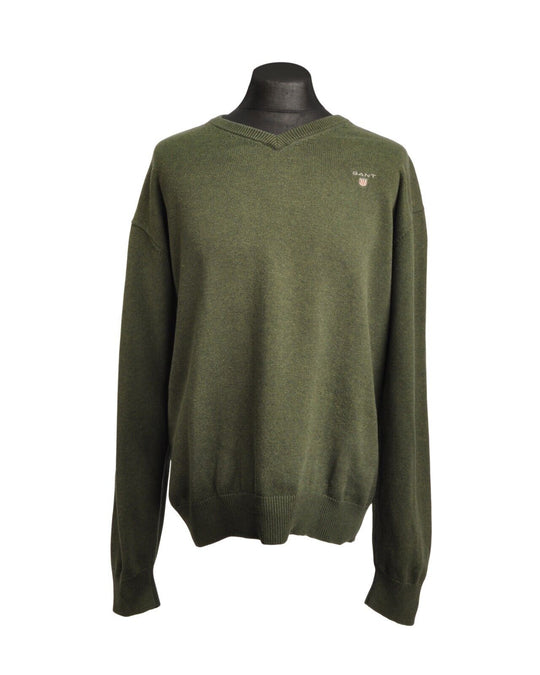 GANT Sweater Khaki Cotton V-Neck Ribbed Trim Mens Knit Pullover Size XL