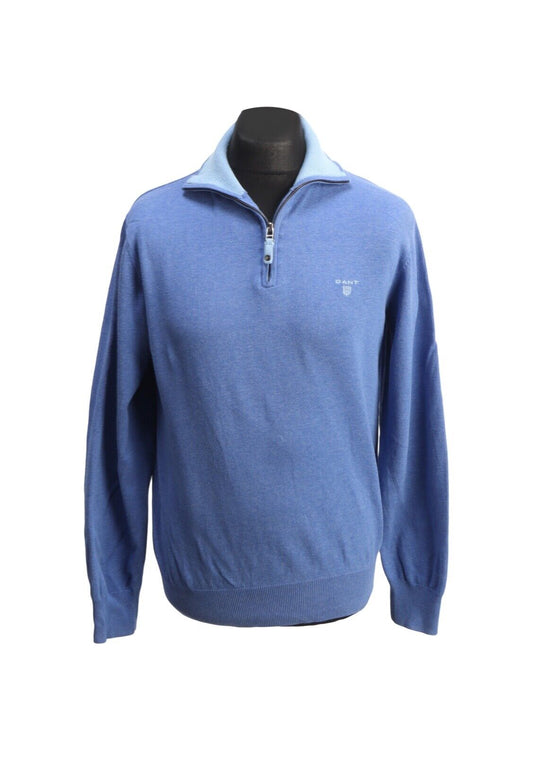 GANT Jumper Blue Cotton Zip Neck Men's Pullover Size L