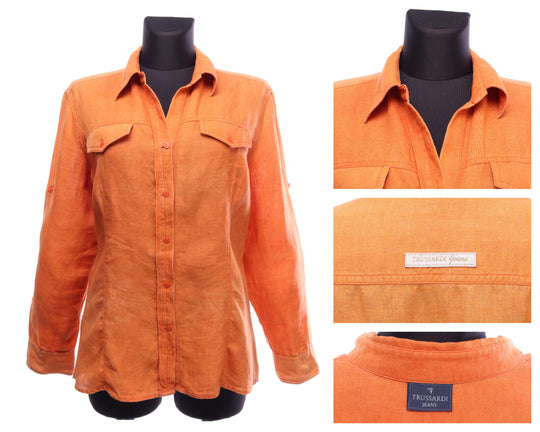 TRUSSARDI JEANS Italy Orange 100% Linen Long Sleeve Shirt Size L