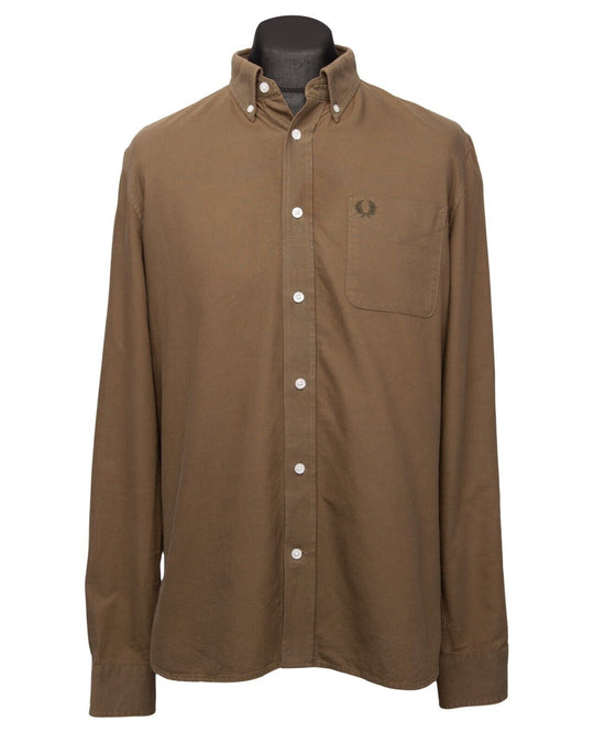 FRED PERRY Shirt Brown Cotton Men's Button Down Size L