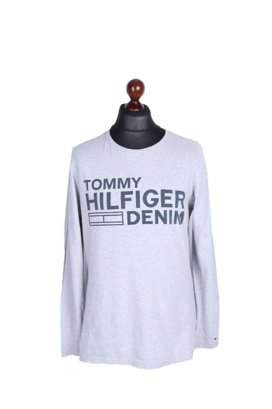 Men's TOMMY HILFIGER DENIM Grey Cotton Print C-Neck Long Sleeve Shirt Size L